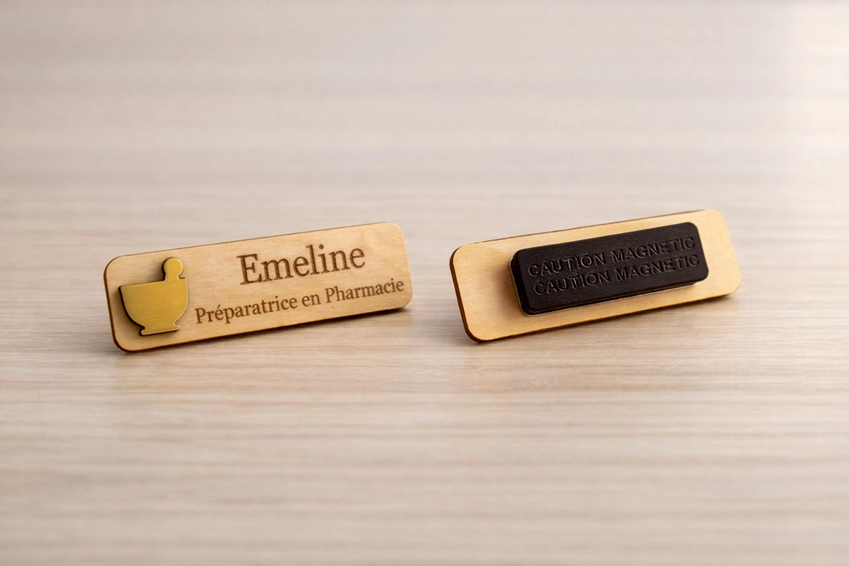 badge personnalisé en bois avec prénom et fonction gravés